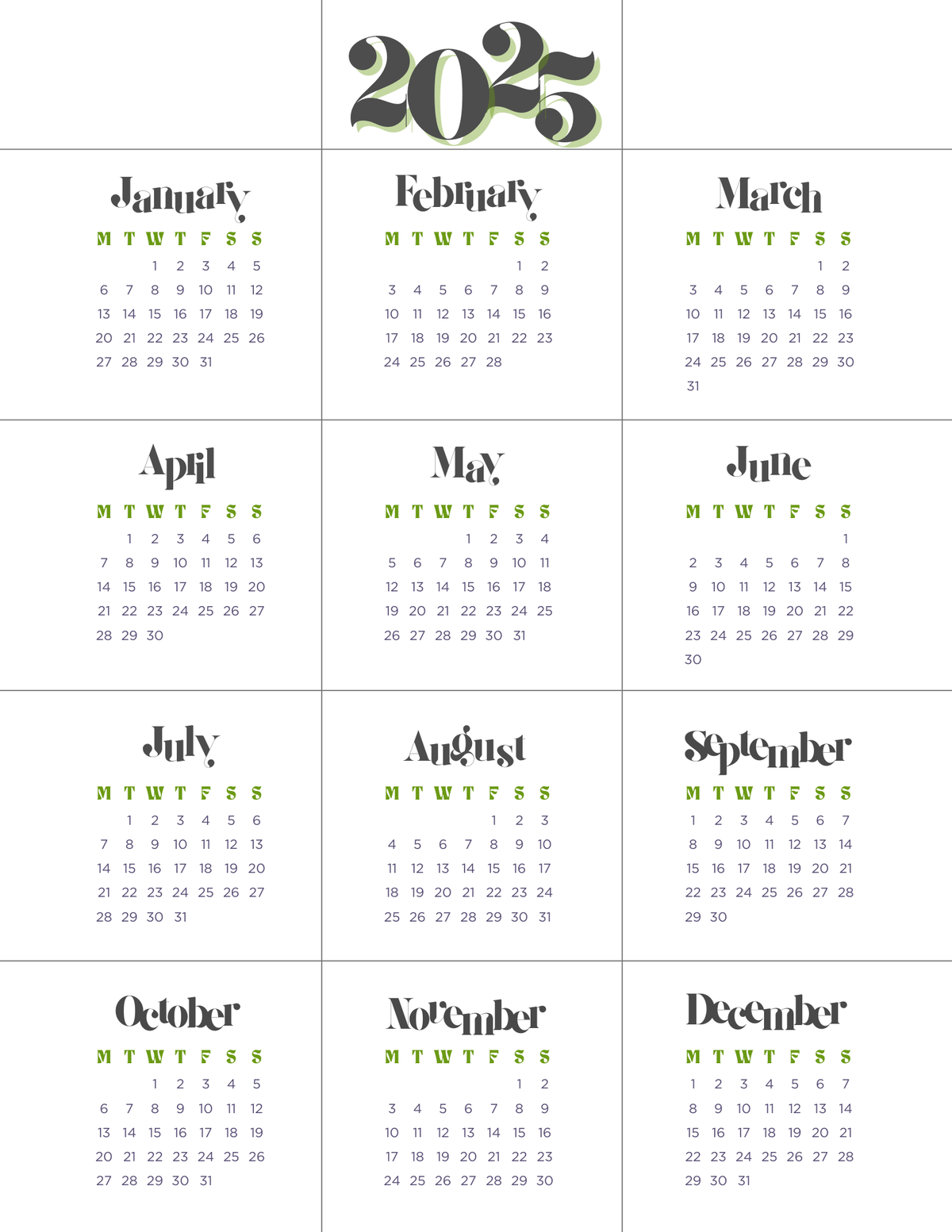 Groovy Green Accents | 12-Month 2025 Calendar